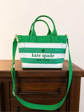 kate spade Green and White Striped Canvas Crossbody Tote